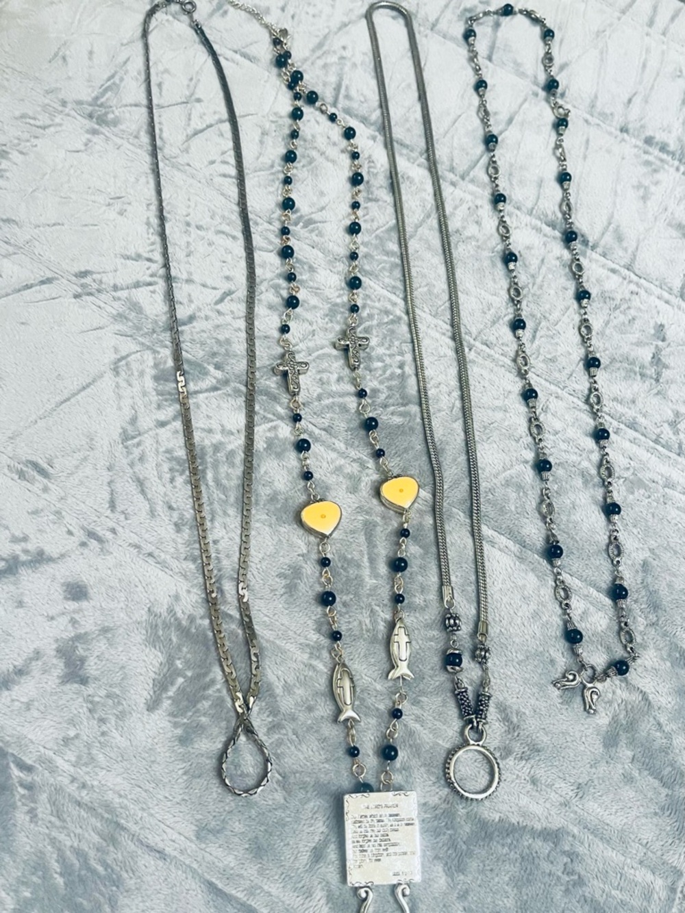 Silver-Tone Blue Bead Rosary Style Necklace with Yellow Heart Accents